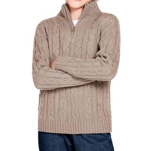 Youth Tan Khaki Cable Knit 1/4 Zip Sweater Mock Neck Size Medium Preppy ‎ Luxury